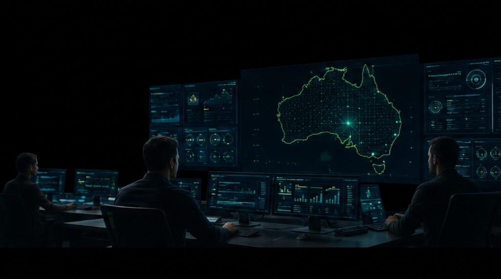 Operations centre team monitoring mission systems and an Australia network map display