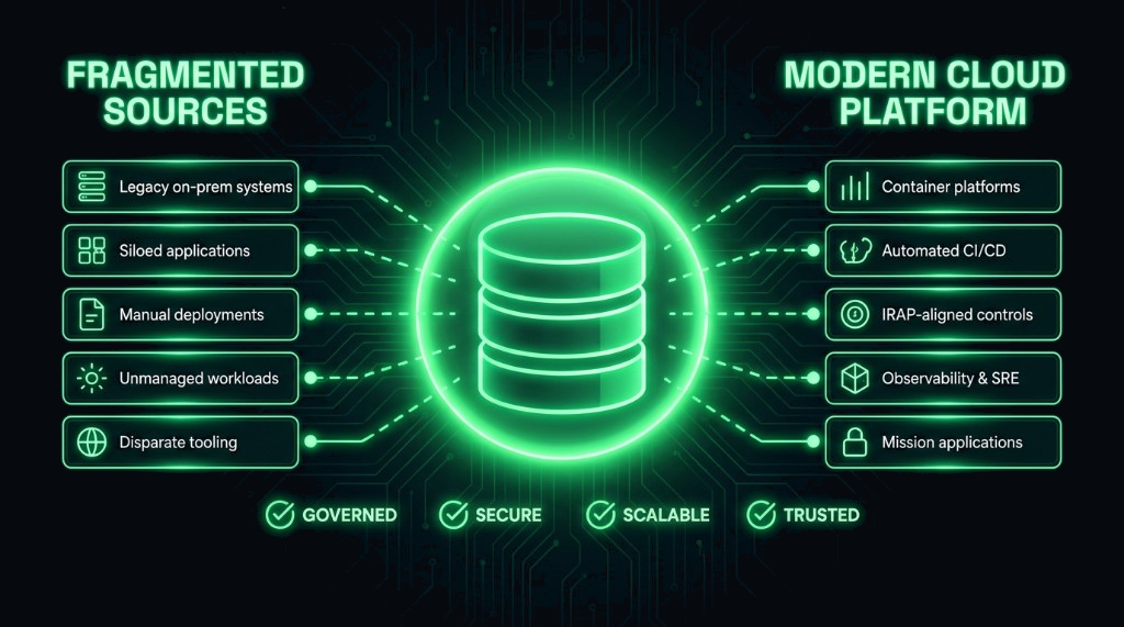 Fragmented sources converging to a modern cloud platform — governed, secure, scalable and trusted