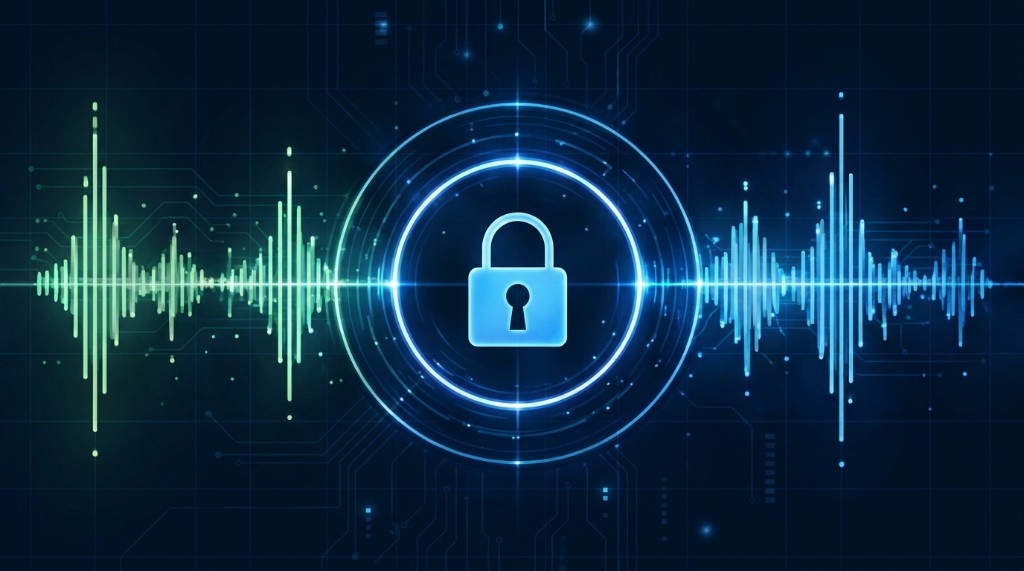 Quantum-safe encrypted voice concept with lock and waveform